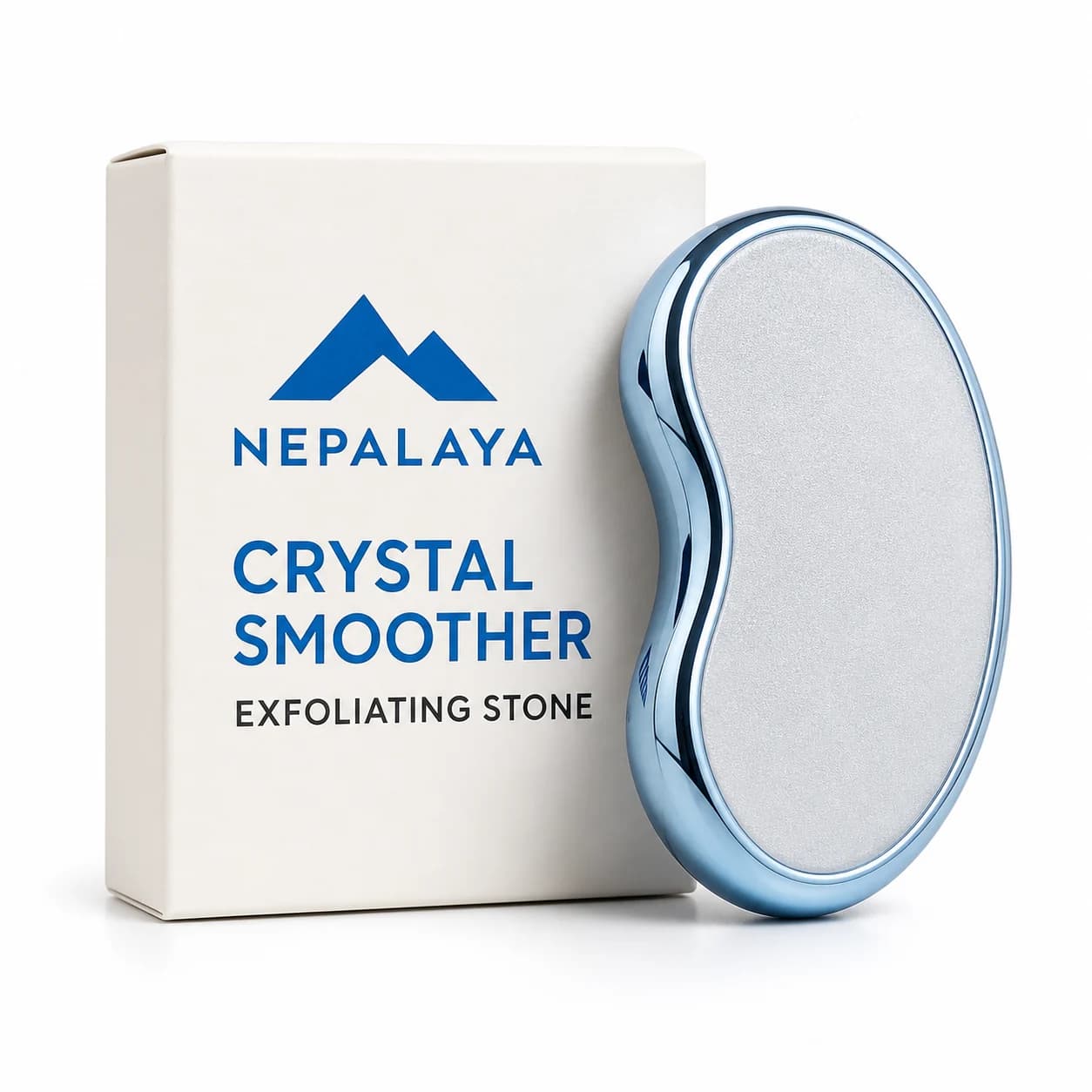 Nepalaya Crystal Smoother exfoliating stone in sky blue chrome beside its retail box