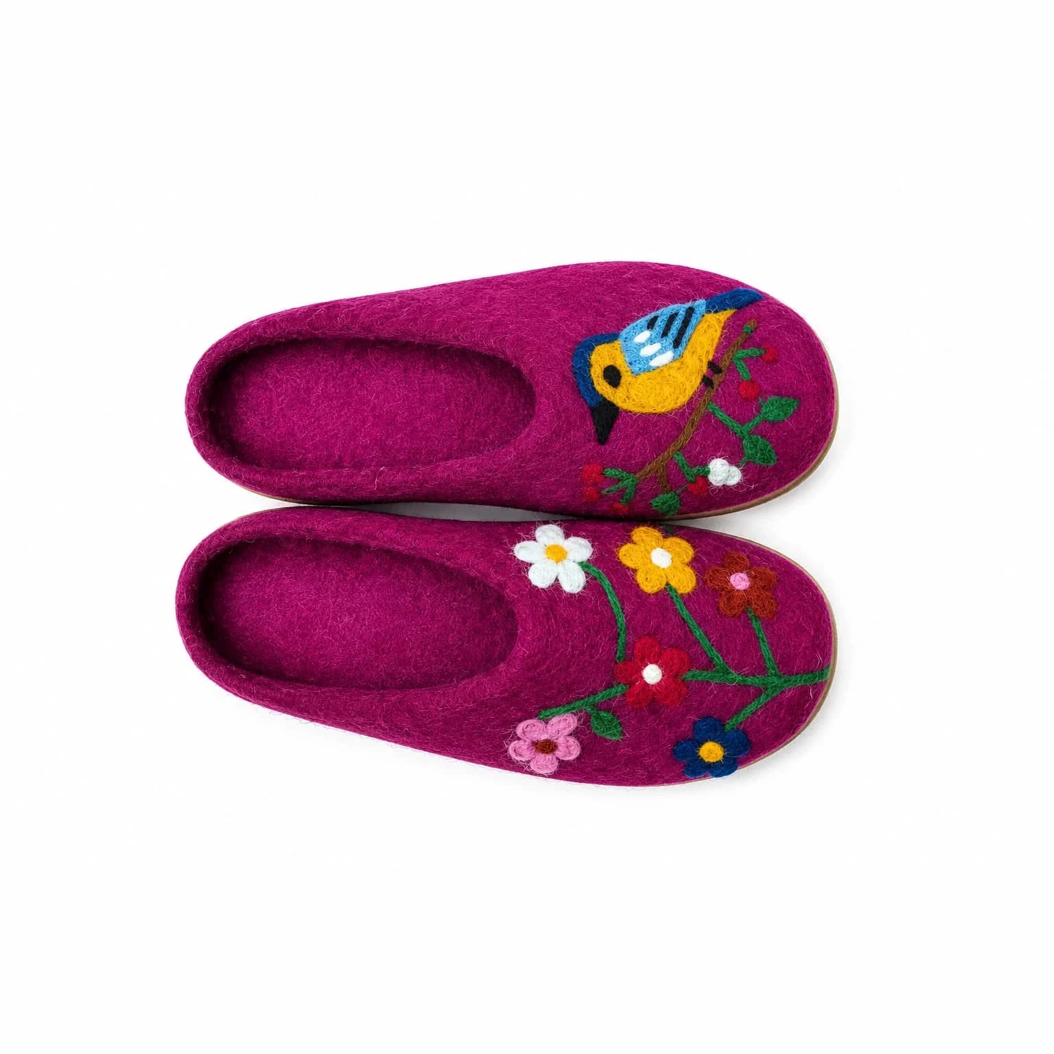 Magenta hand-felted wool slippers with a needle-felted yellow bird and wildflower motif