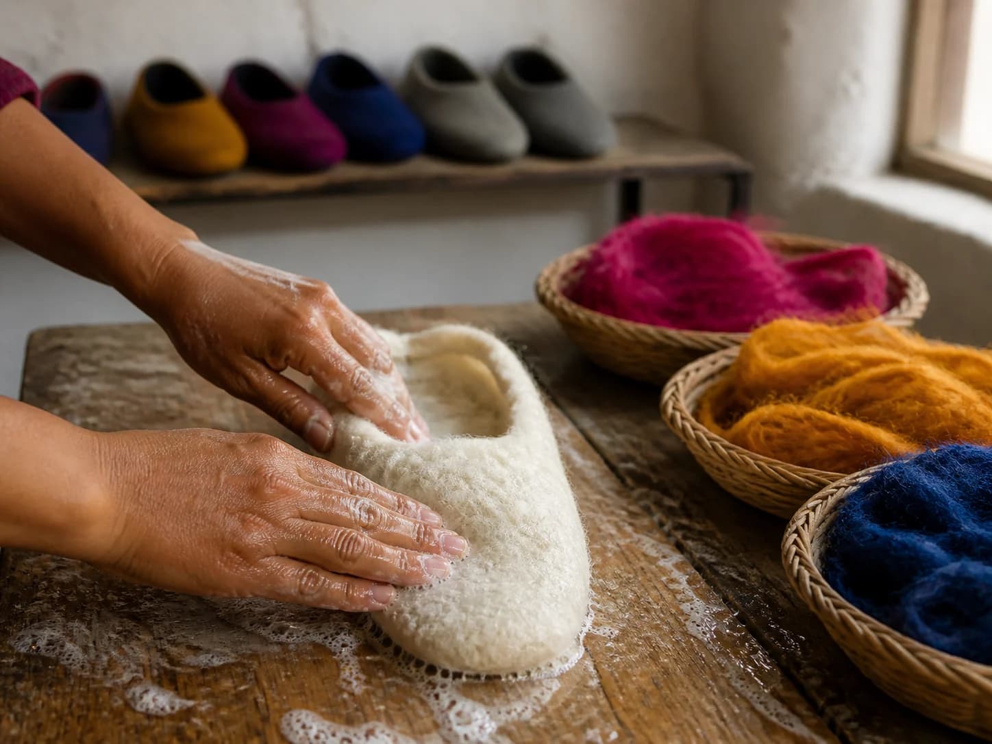 A Nepali artisan wet-felting raw wool into a slipper by hand