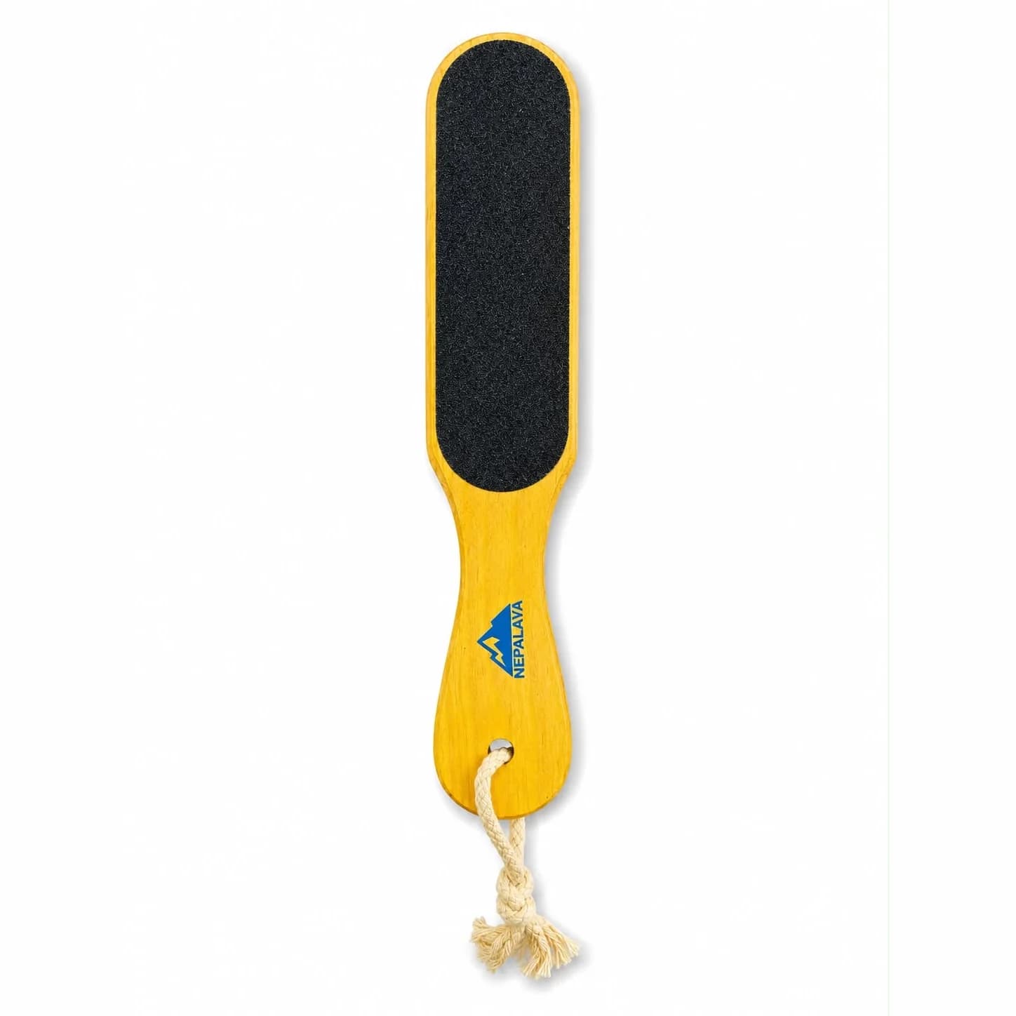 Nepalaya double-sided wooden foot file with black grit surface and jute hanging rope